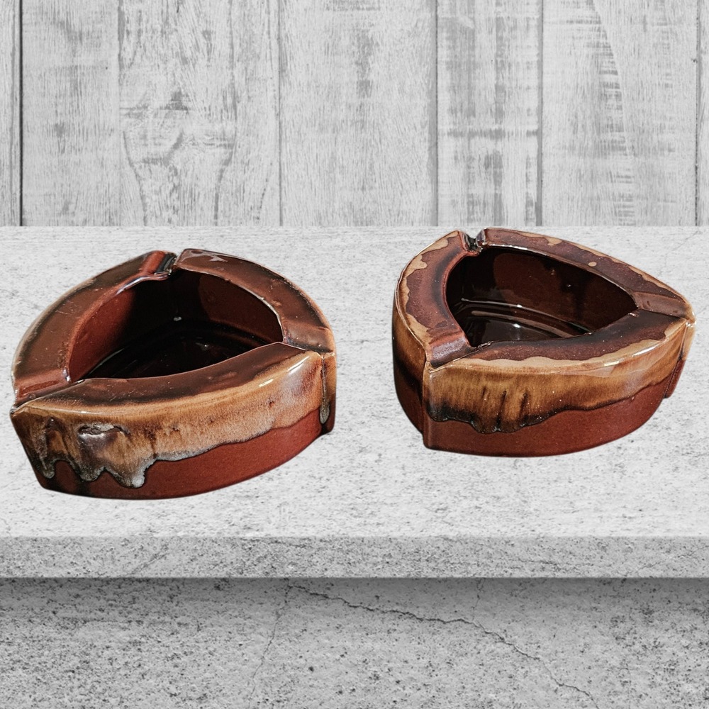 2 Mevco Vintage Brown Drip Glaze Ceramic Triangular Shield Ashtray MCM Taiwan